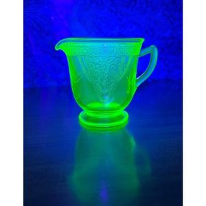 Vintage uranium glass handled creamer by Federal glass Georgian green